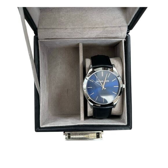 Michael Kors Men’s Slim Runway Silver-Tone Leather Watch Blue Stainless Steel - Picture 3 of 5